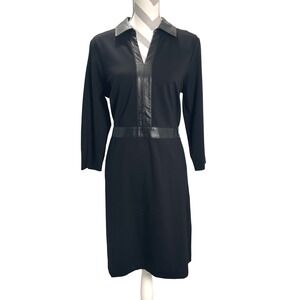 Talbots Petite Black Knee Length Long Sleeve Dress Faux Leather Trim Career‎  16